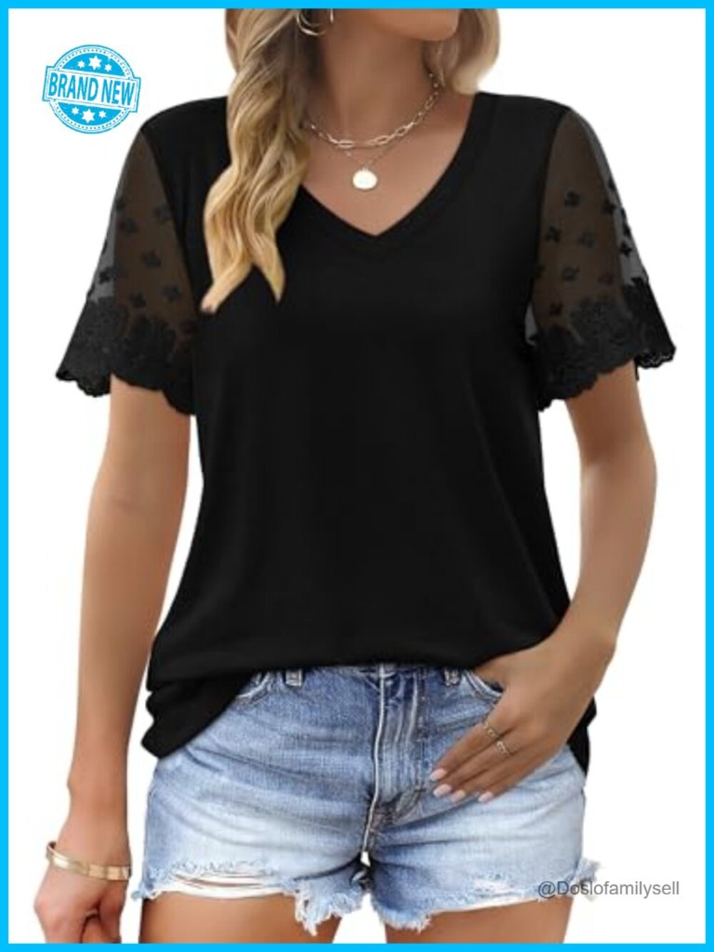 Women's V-Neck Lace Short Sleeve T-Shirt Curved Hem Loose Fit Top